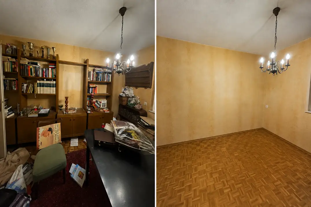 Wohnraum in einem Haus vor und nach der Hausentrümpelung – Regale, Möbel und Hausrat vollständig geräumt