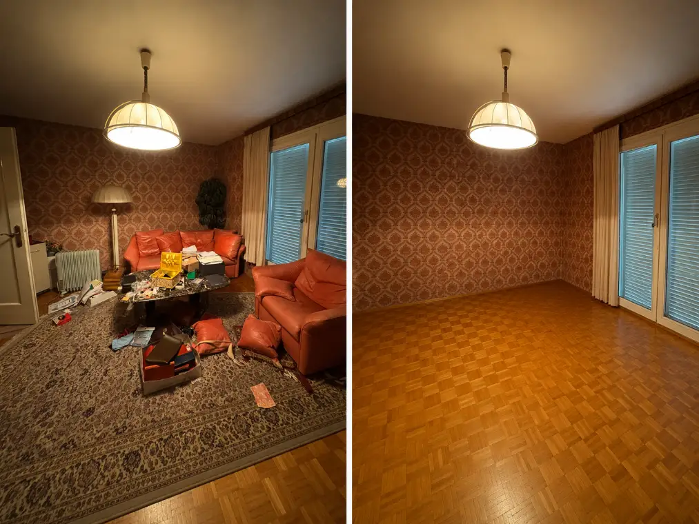 Wohnzimmer einer Verlassenschaft vor und nach der Räumung – Mobiliar und Hausrat vollständig entfernt