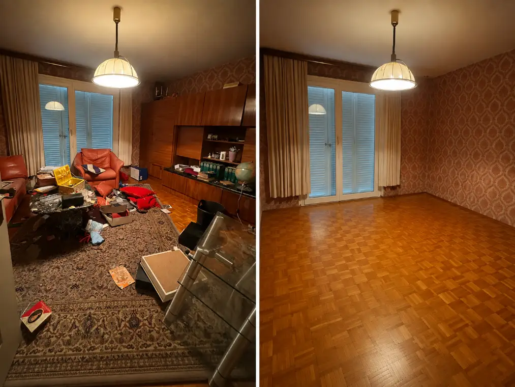 Wohnzimmer einer Mietwohnung vor und nach der Wohnungsentrümpelung – links vollgestellt, rechts leer und besenrein